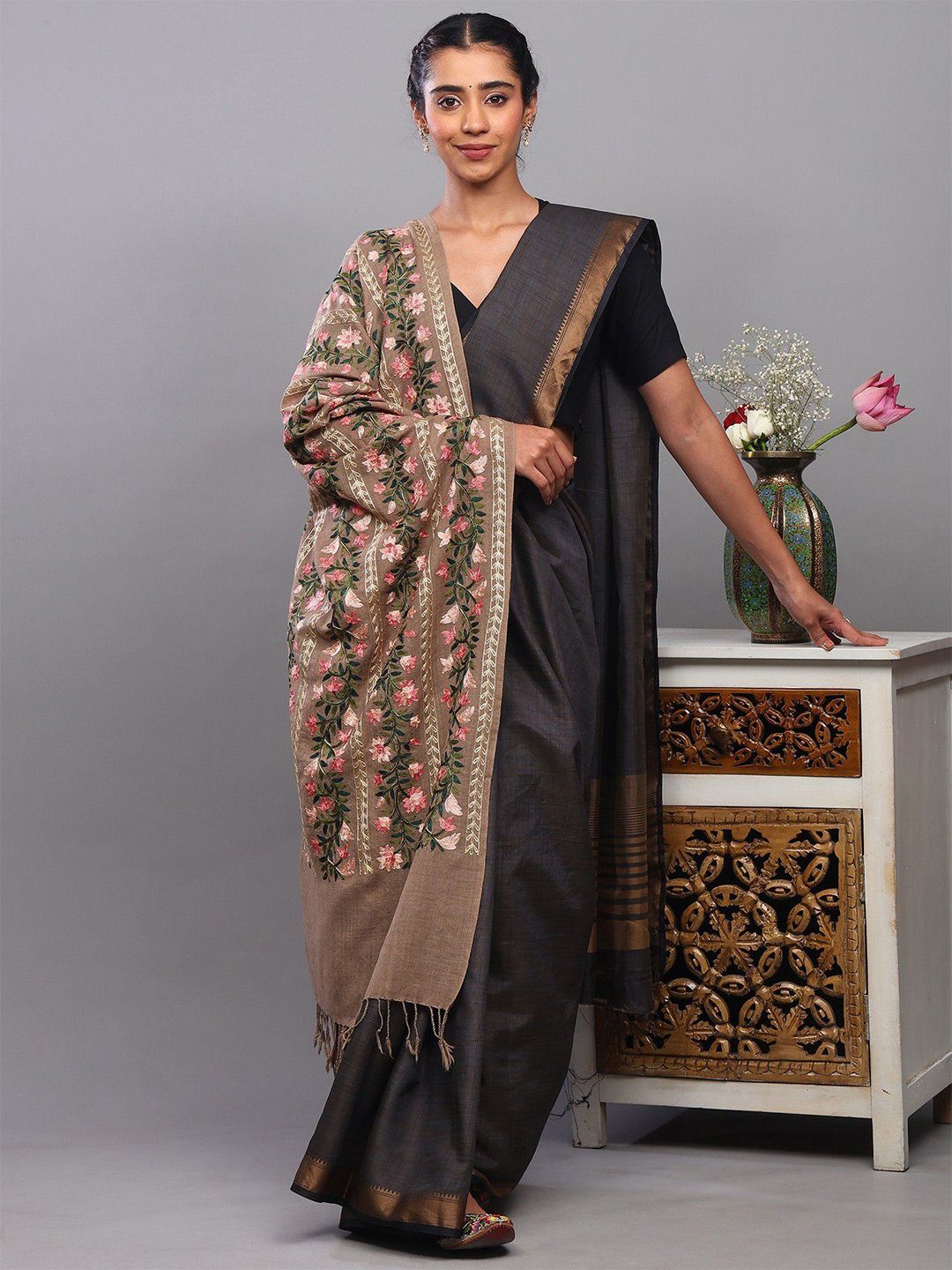 Exotic India Floral Aari Embroidered Shawl-picture-36