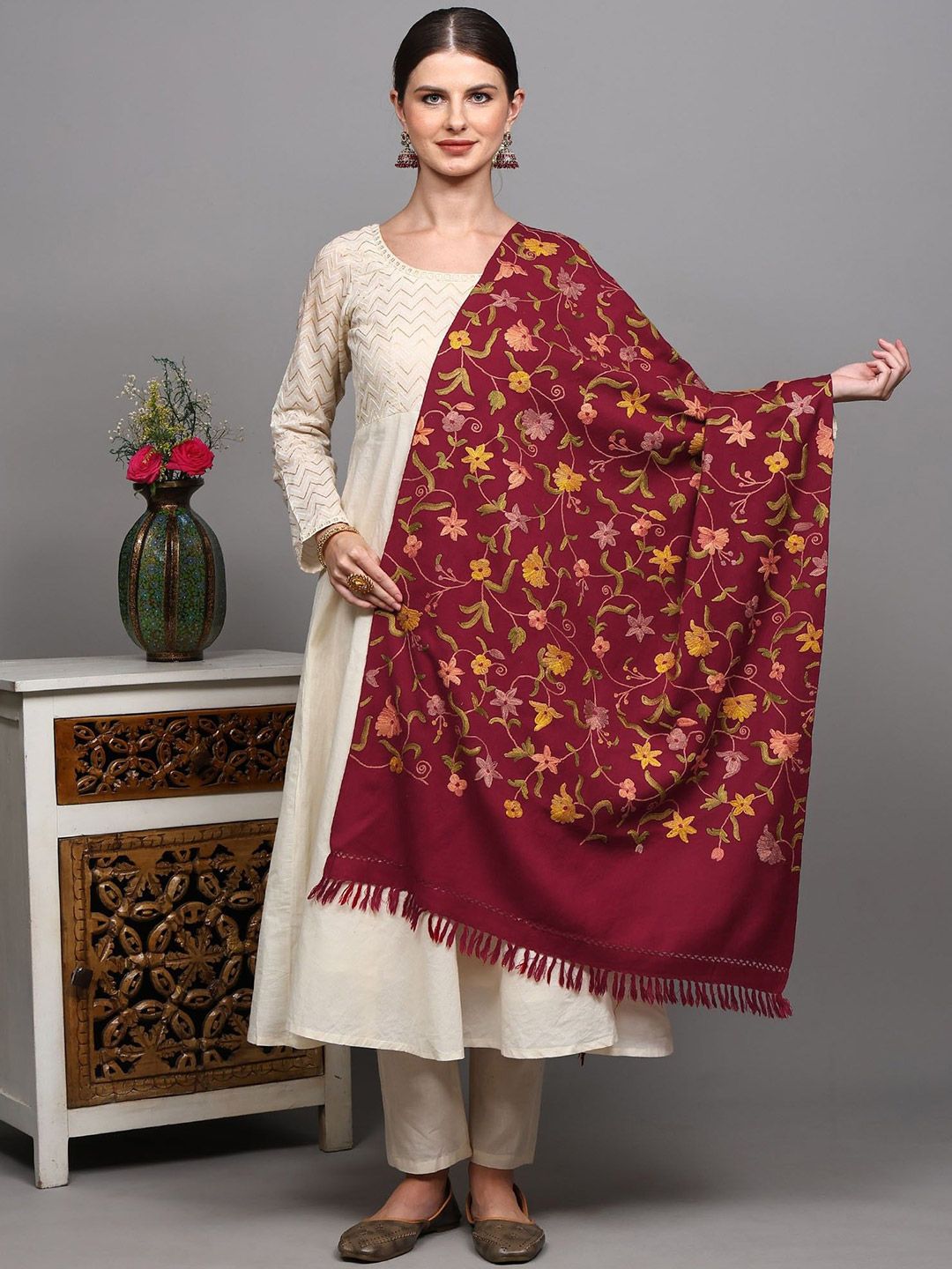 Exotic India Floral Aari Embroidered Shawl-picture-35