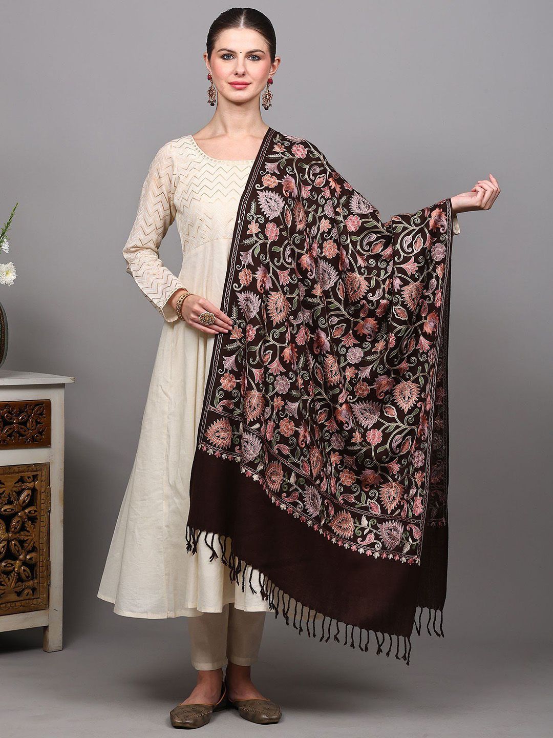 Exotic India Floral Aari Embroidered Shawl-picture-39