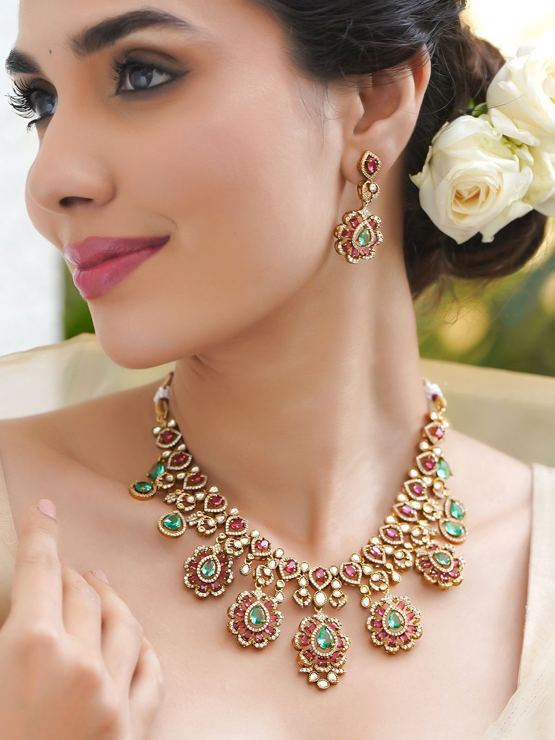 Rubans 22K Gold-Plated Brass Pastel Green & Ruby Pink Cubic Zirconia Bridal Necklace Set-picture-52