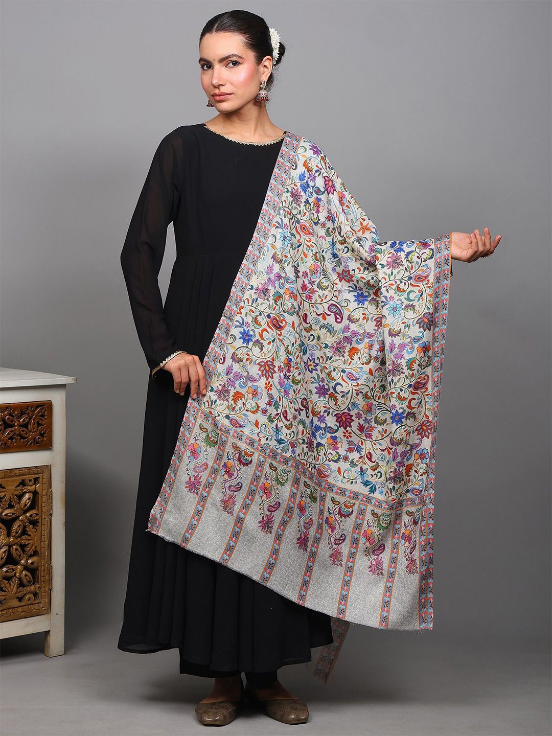 Exotic India Floral Aari Embroidered Shawl-picture-41