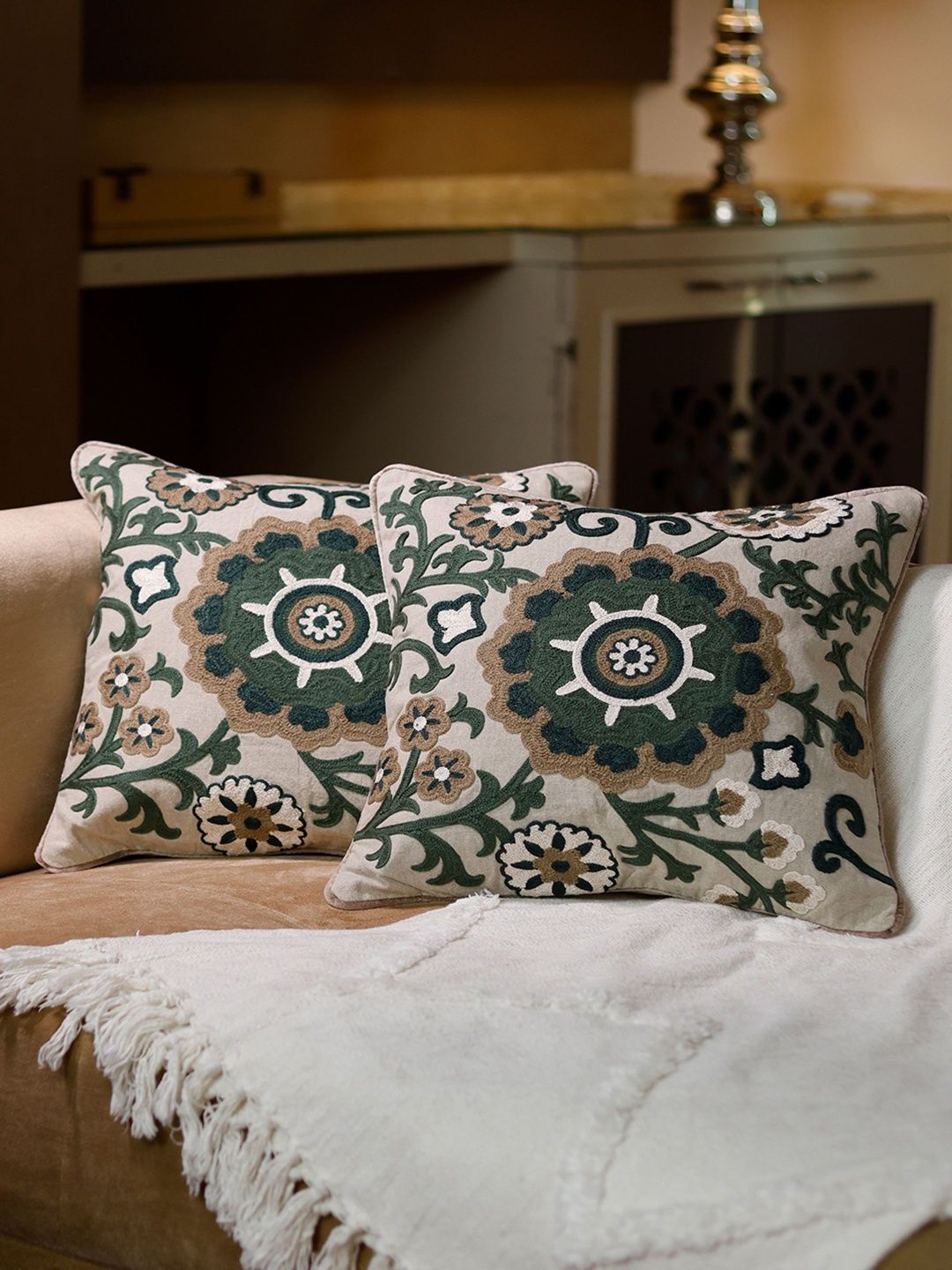 BELIHODE Olive Green 2 Pieces Embroidered Cotton Square Cushion Covers-picture-18