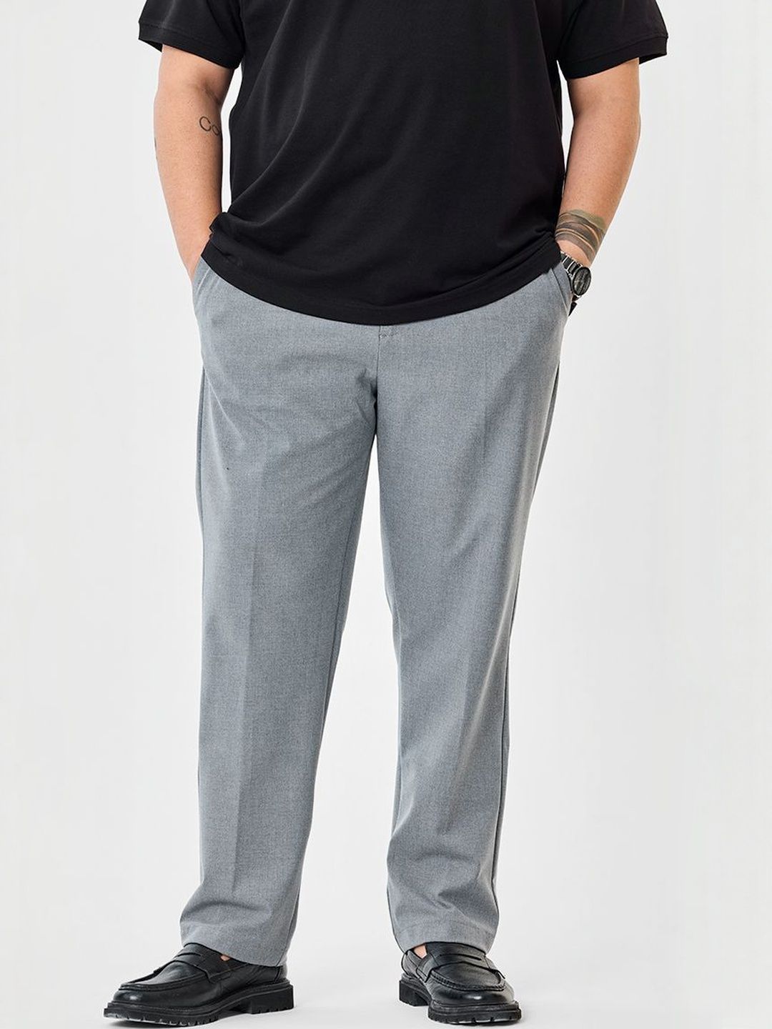 Snitch Men Grey Solid Mid Rise Regular Fit Plus Size Trousers-picture-36