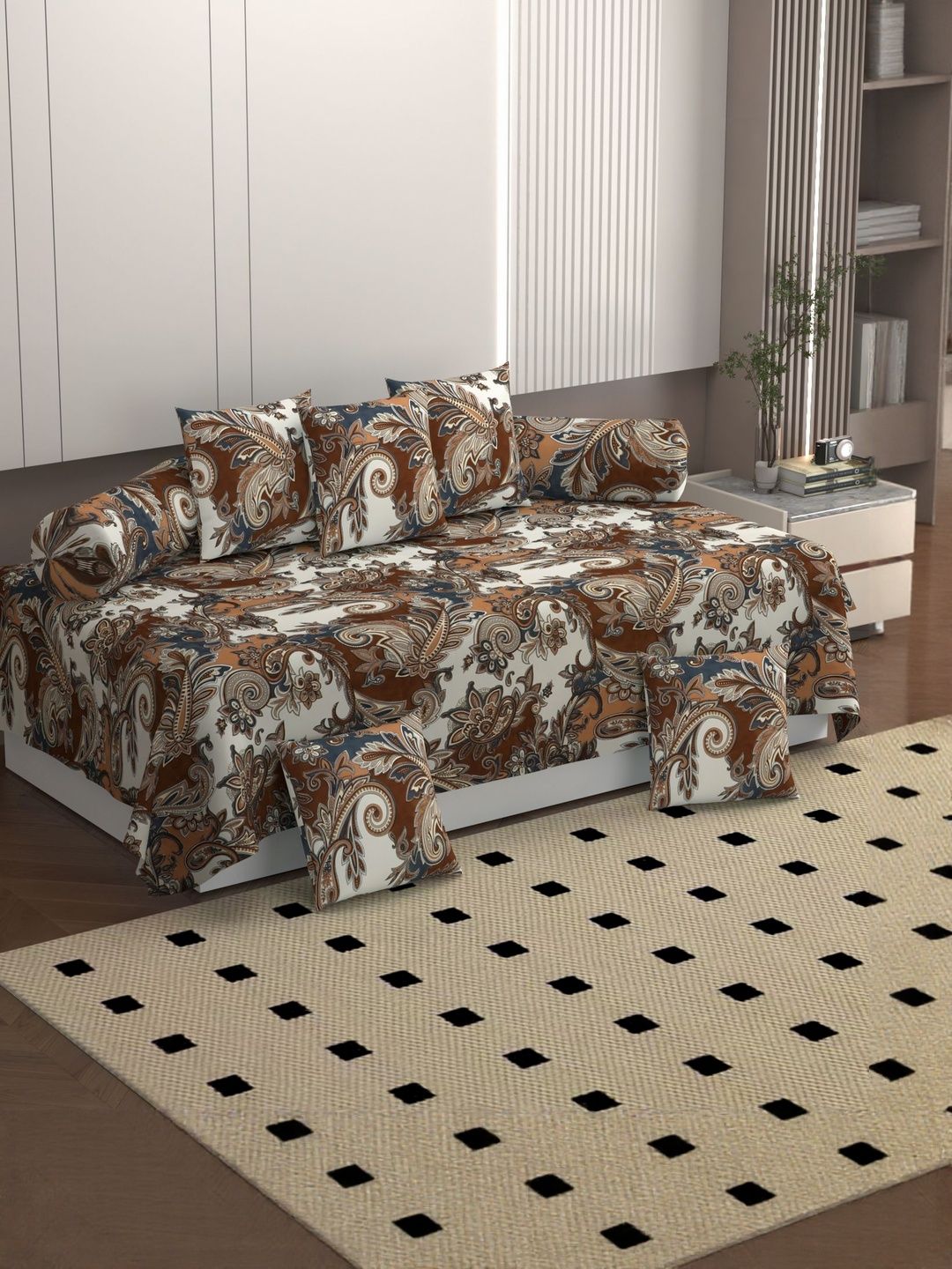 Bromwick 8 Pcs Brown & White Printed Bedsheet With Bolster & Cushion Covers-image-38