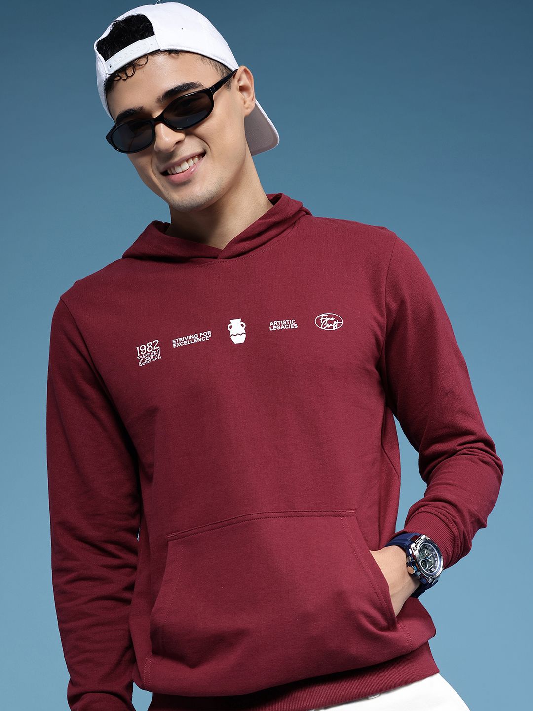 HERE&NOW Typography Printed Pure Cotton Hooded Sweatshirt