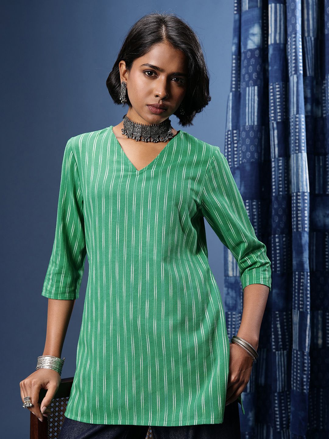 Taavi Ikat Woven Design V-Neck Kurti-image-27
