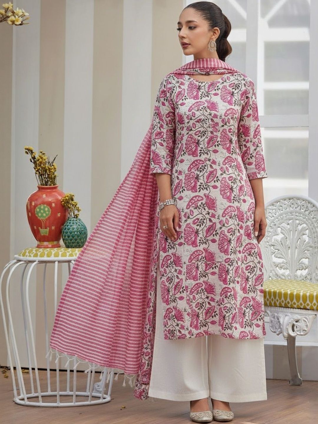 Sangria Floral Printed Round Neck Straight Kurta With Palazzos & Dupatta-picture-26