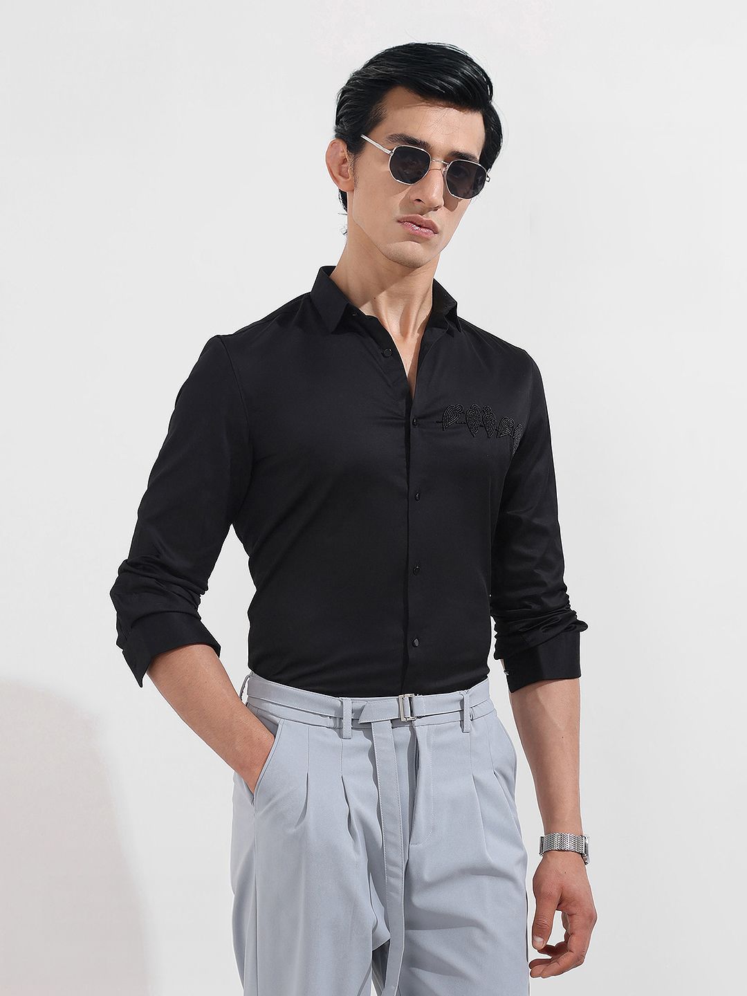 The Indian Garage Co Men Slim Fit Solid Spread Collar Cotton Semiformal Shirt-picture-13