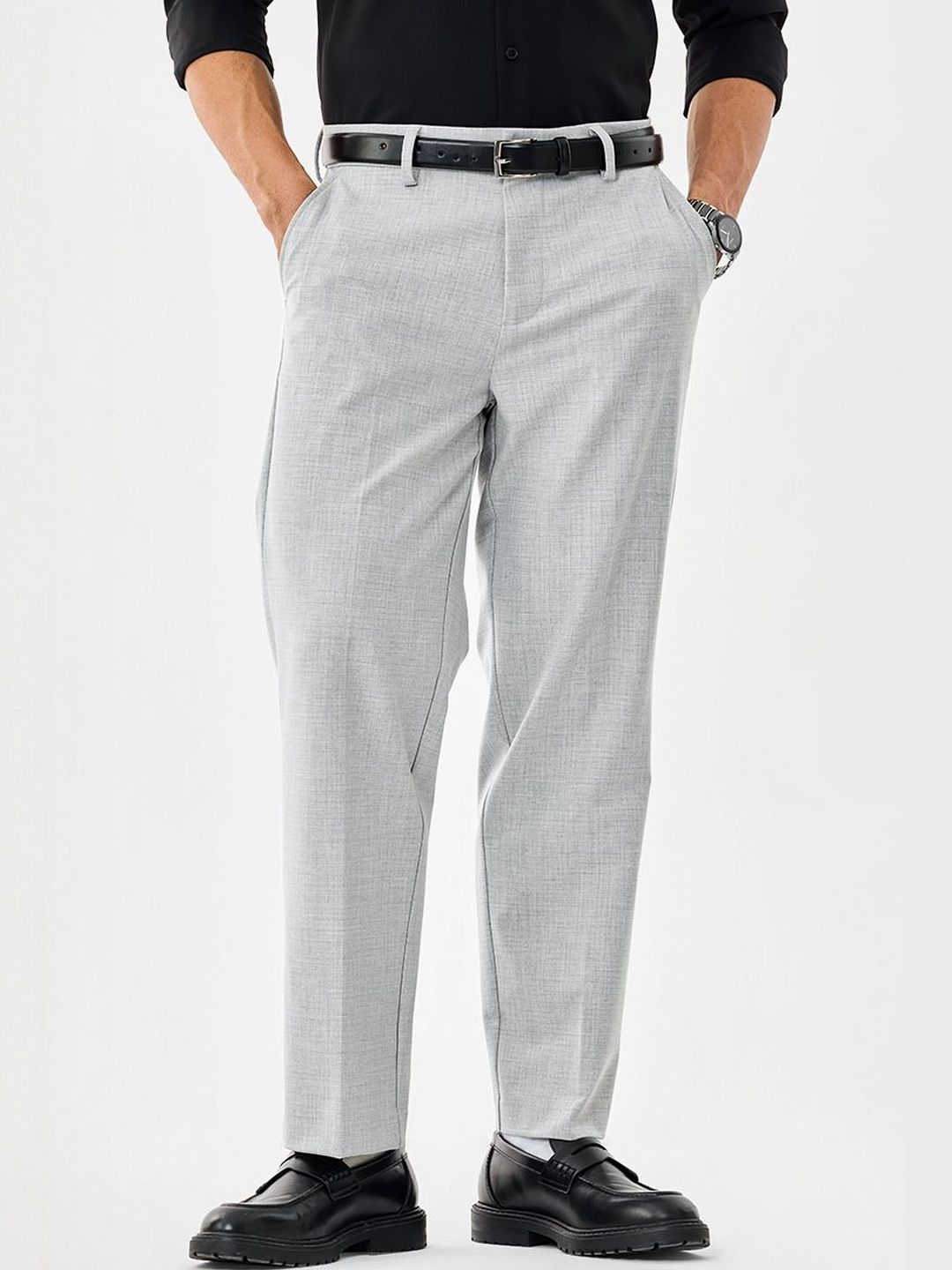 Snitch Men Grey Checked Mid Rise Regular Fit Formal Trousers-picture-30
