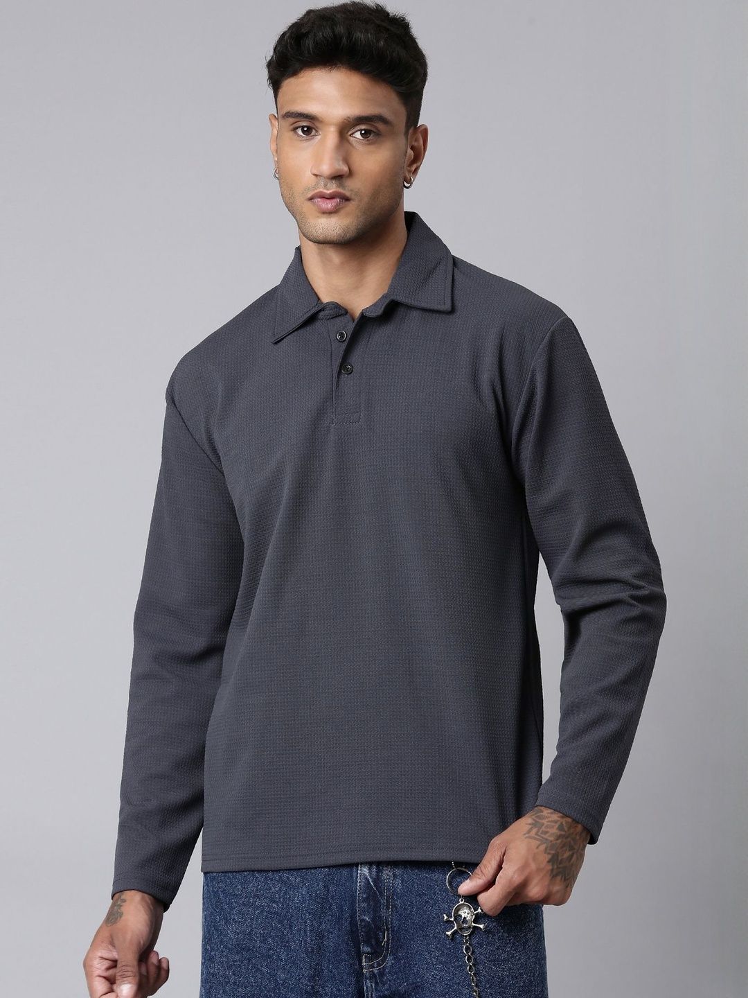 LEWEL Men Textured Polo Collar T-shirt-image-2