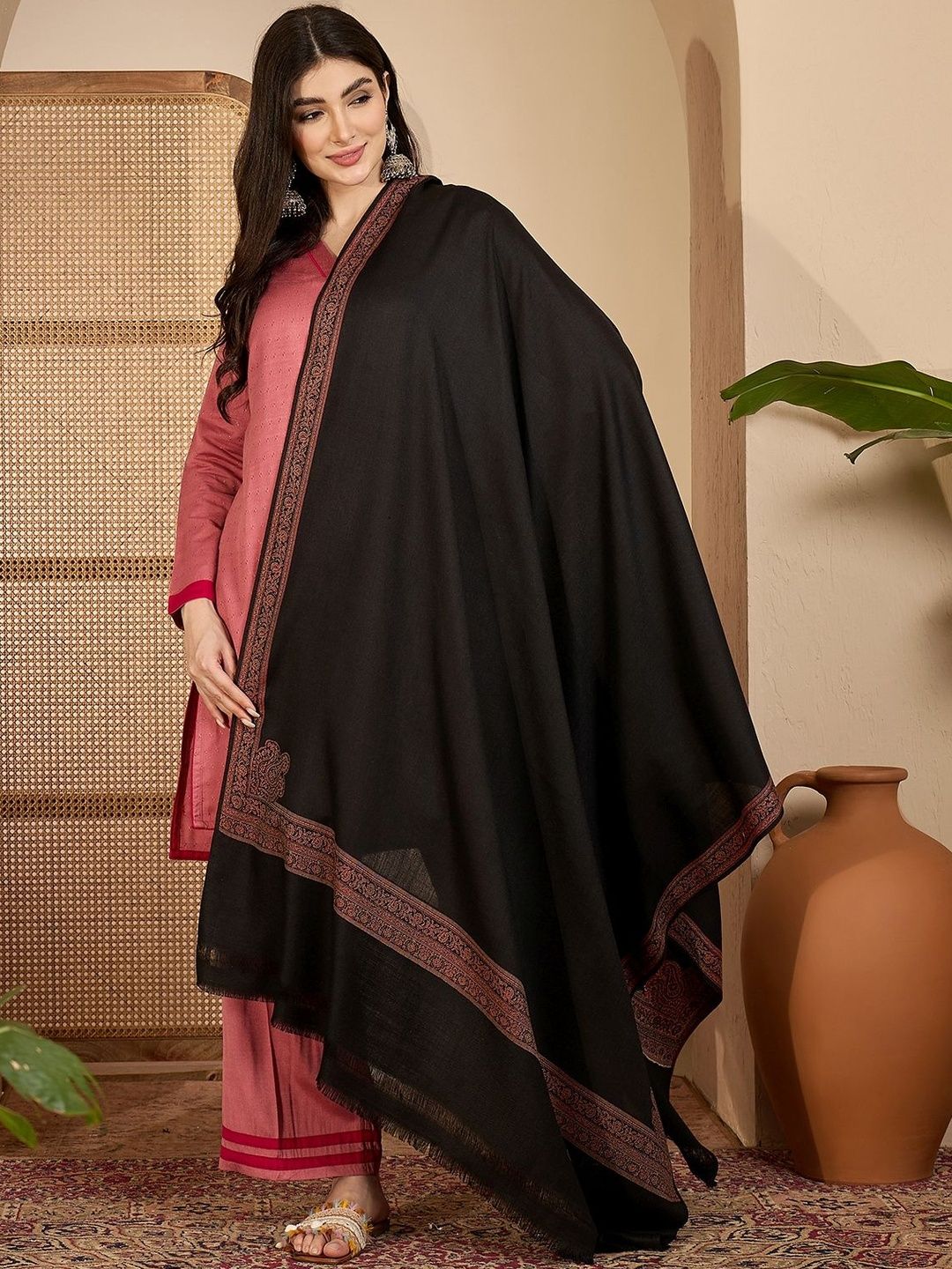 Sangria Ethnic Motifs Woven Design Shawl With Fringed Border-picture-55