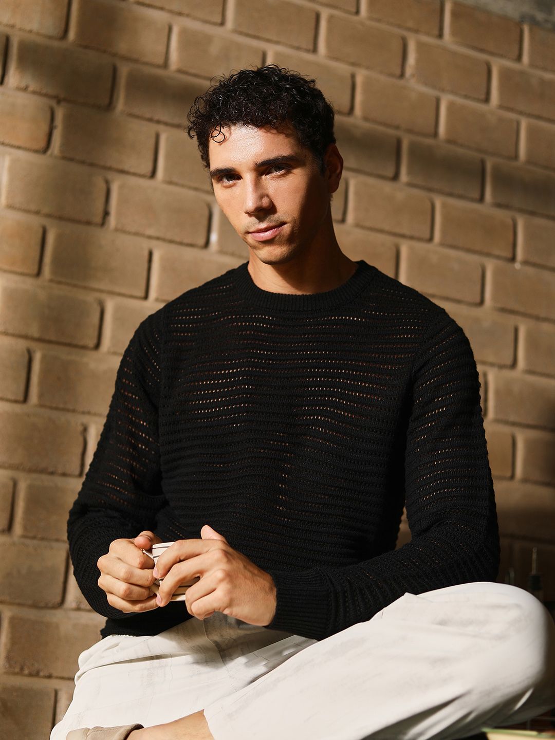 Campus Sutra Obsidian Men Open Knit Self Design Round Neck Loose-Knit Pullover Sweater-image-42