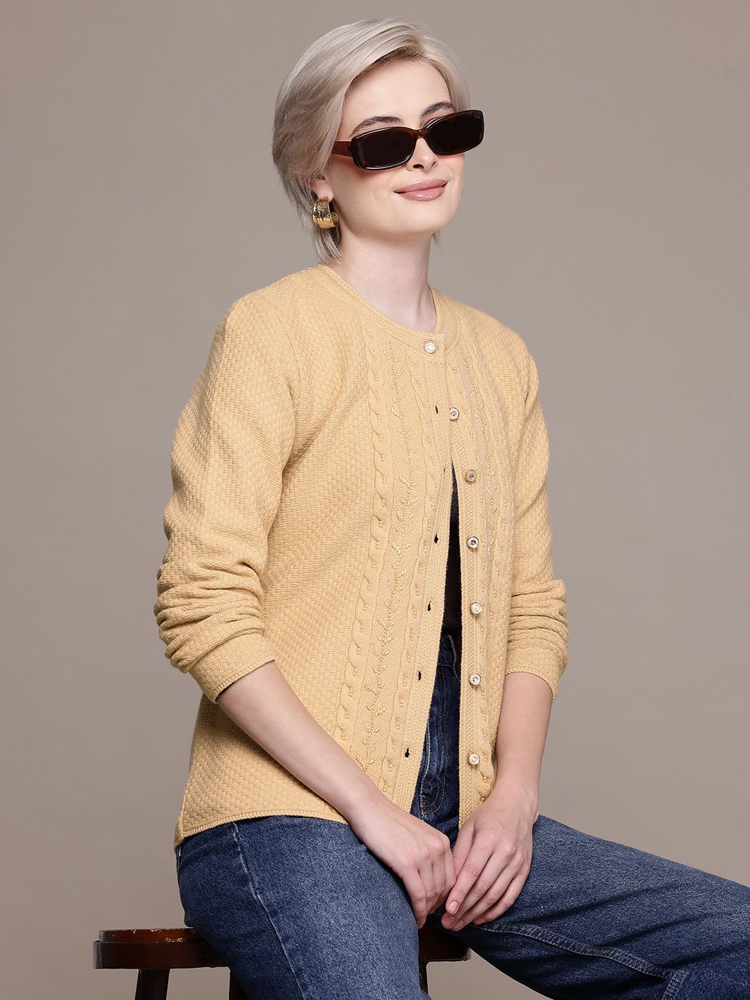 Cayman Cable Knit Woollen Cardigan with Embellished Detail-picture-56