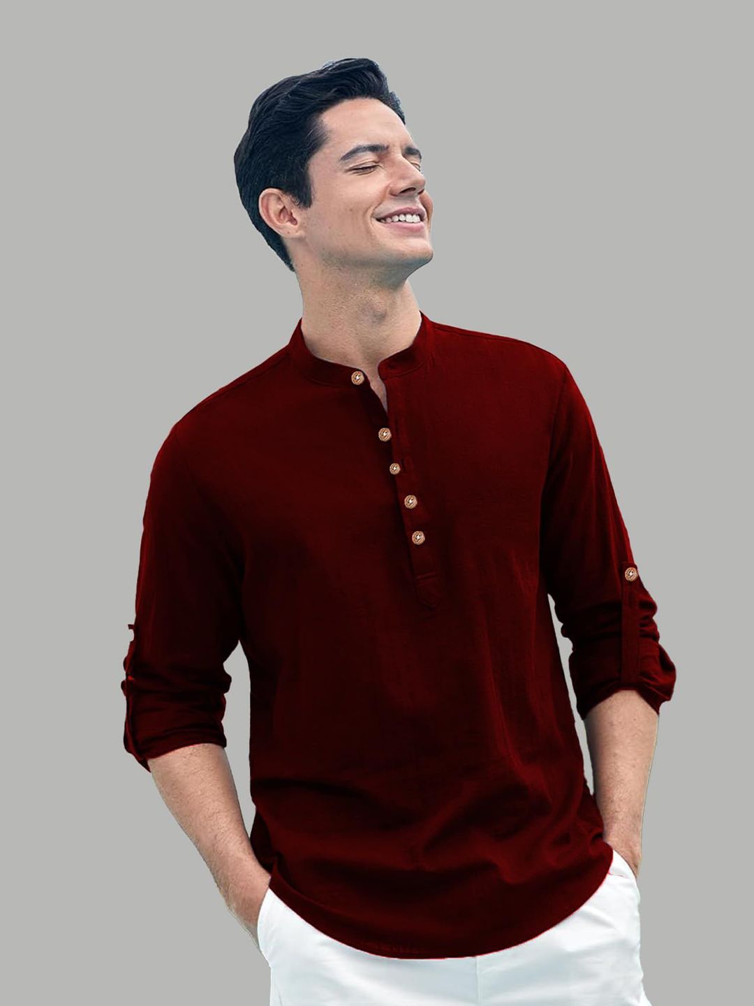 TrendiVastra Band Collar Roll-Up Sleeves Straight Kurta-picture-16