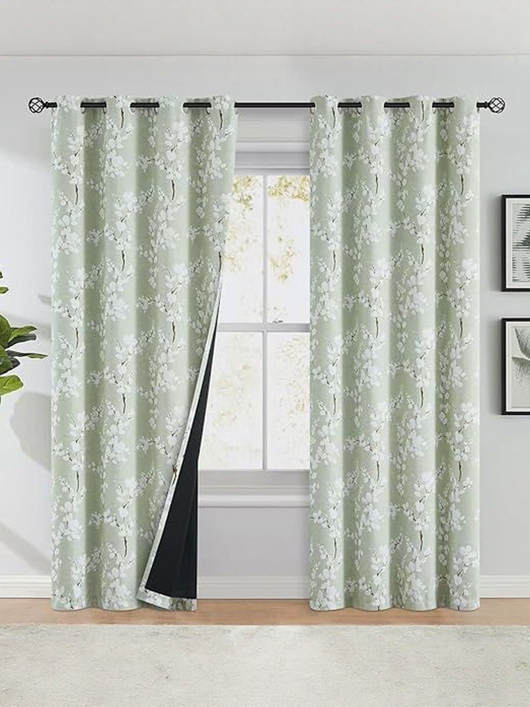 BFAM Green & White Floral Thermal Insulated 2 Pieces Window Black Out Eyelet Curtains-image-26