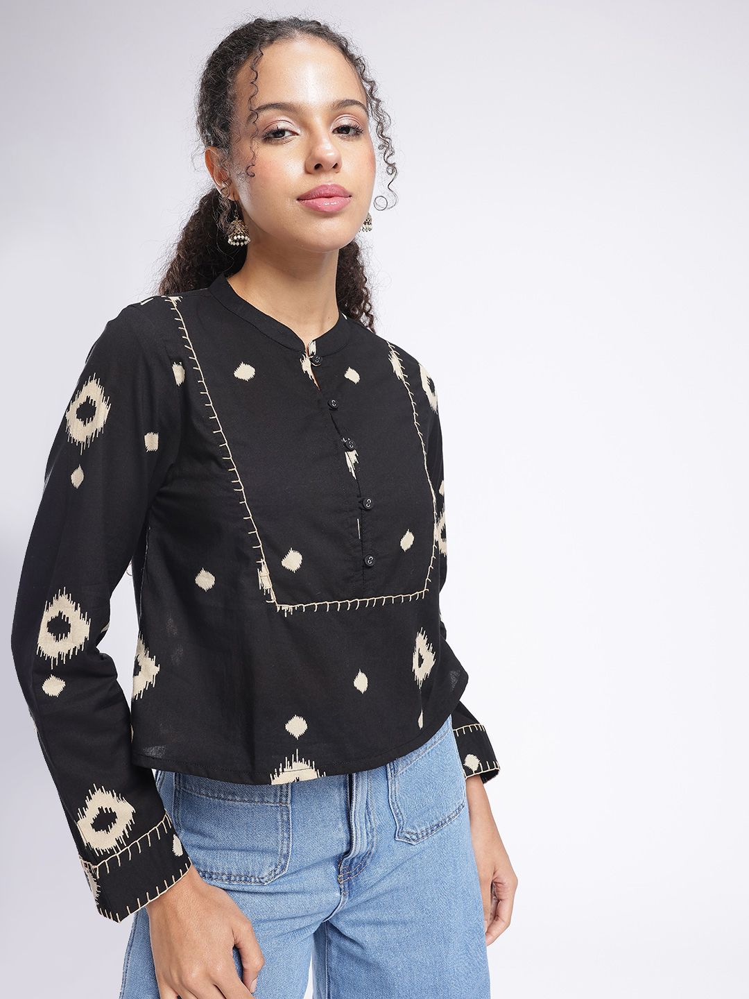fusion by glitchez Geometric Printed Embroidered Detailed Mandarin Collar A-Line Top-picture-58