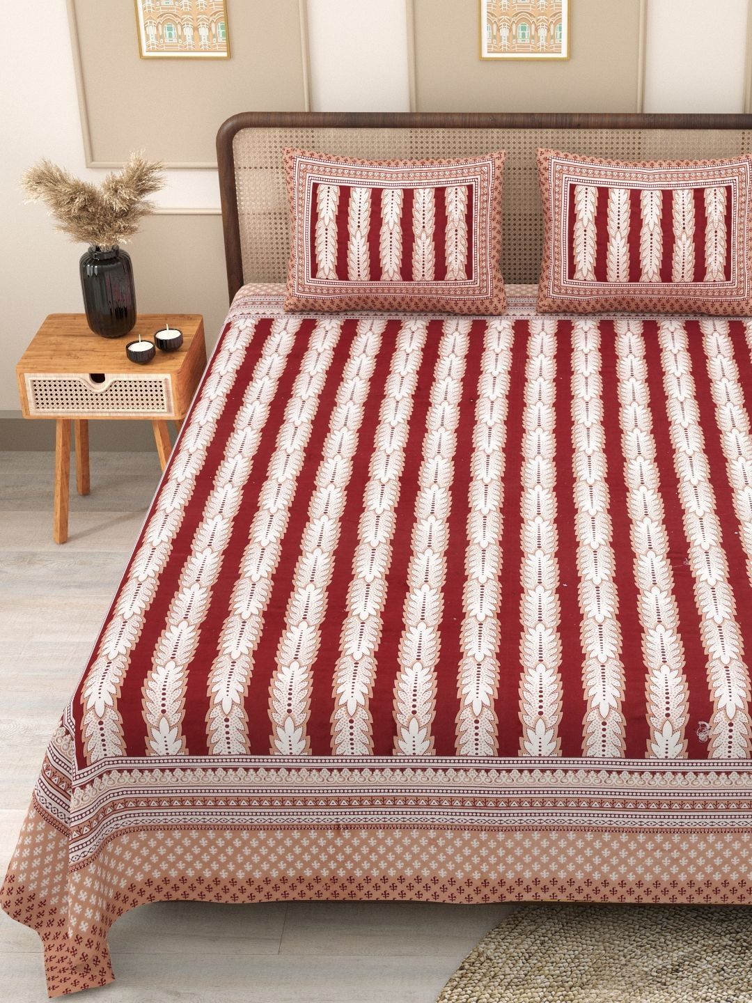 RANG MANIA Maroon Ethnic Motifs 144 TC Bedsheet with 2 Pillow Covers-picture-48