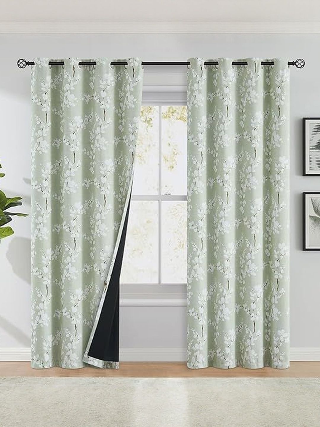 BFAM Green & White Floral Thermal Insulated 2 Pieces Long Door Black Out Eyelet Curtains-image-35