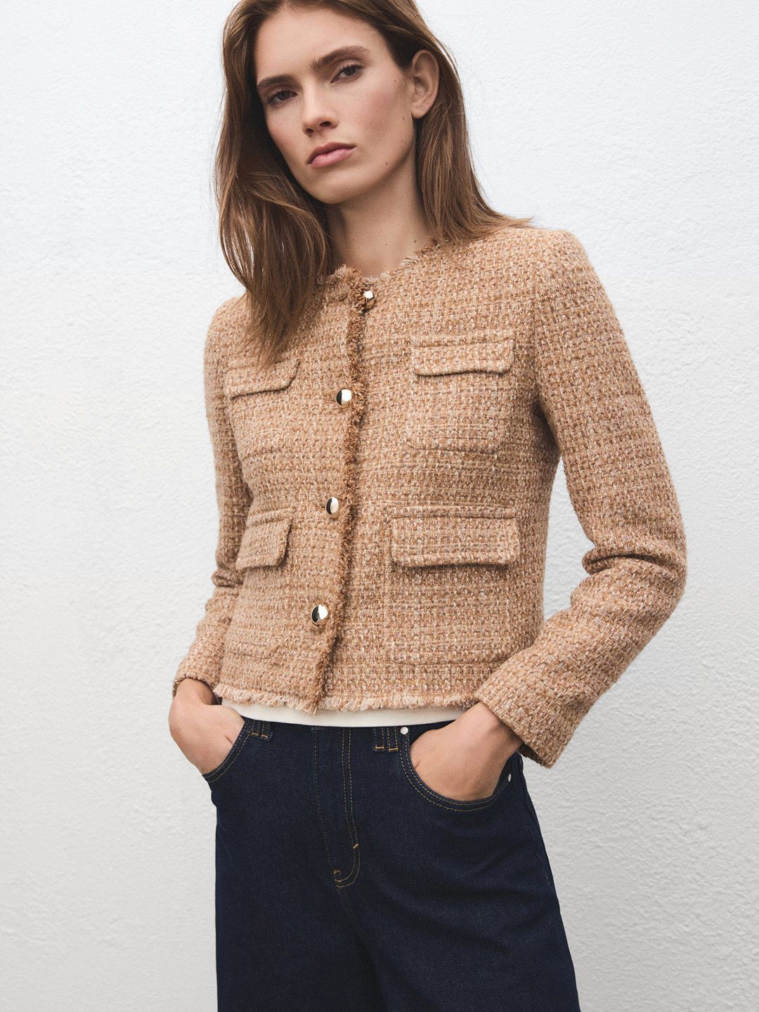 MANGO Tweed Tailored Jacket with Frayed Ends