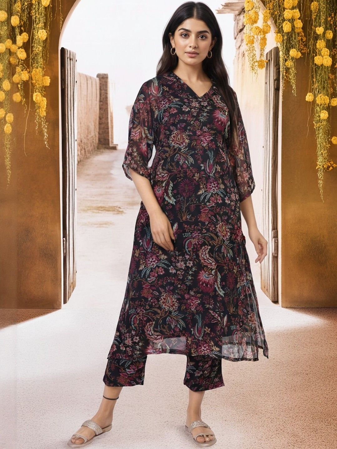 W Floral Printed V-Neck Georgette A-Line Kurta With Trousers-picture-10