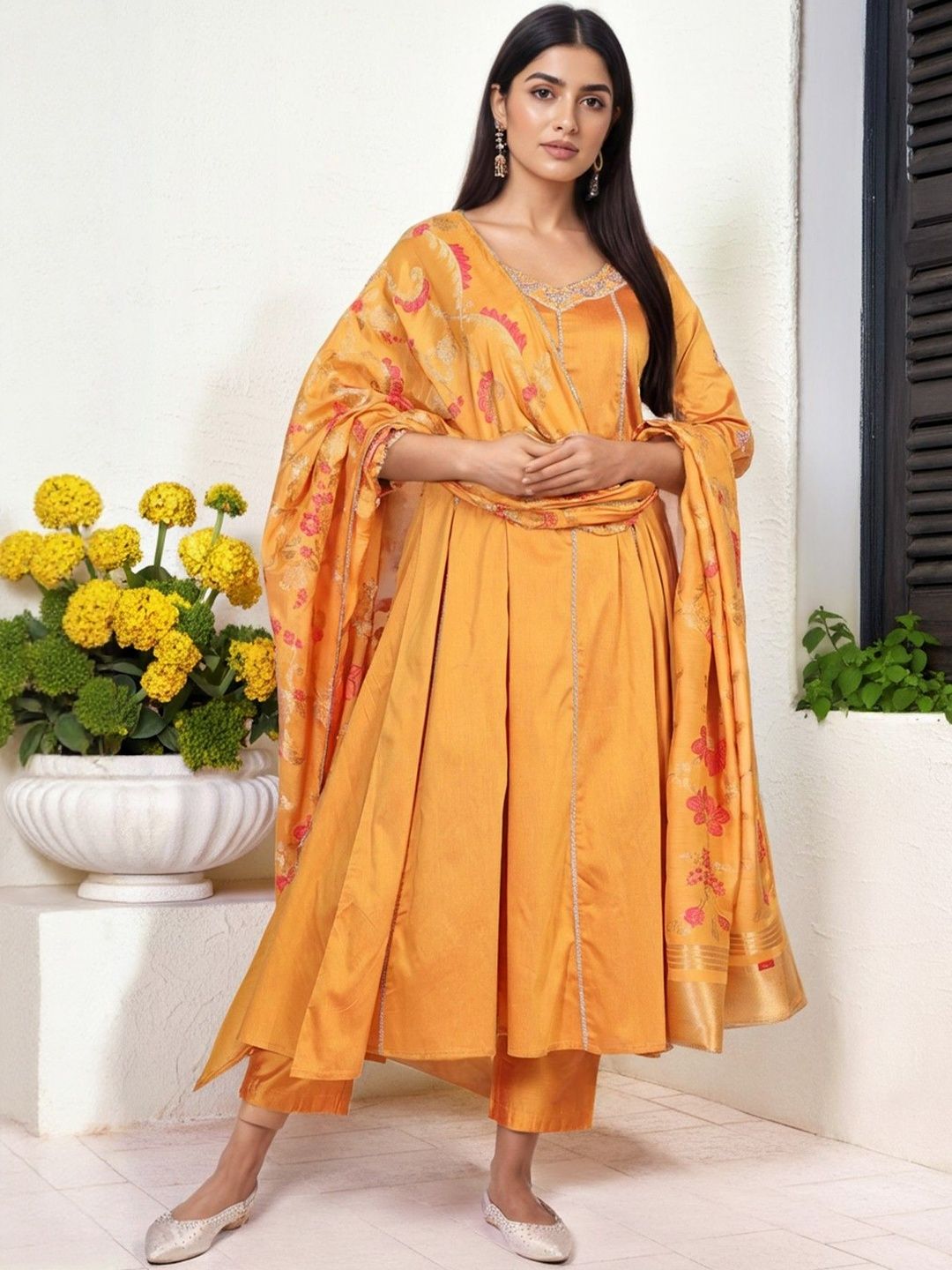 W Floral Embroidered Sequinned Anarkali Kurta With Trousers & Dupatta-picture-29