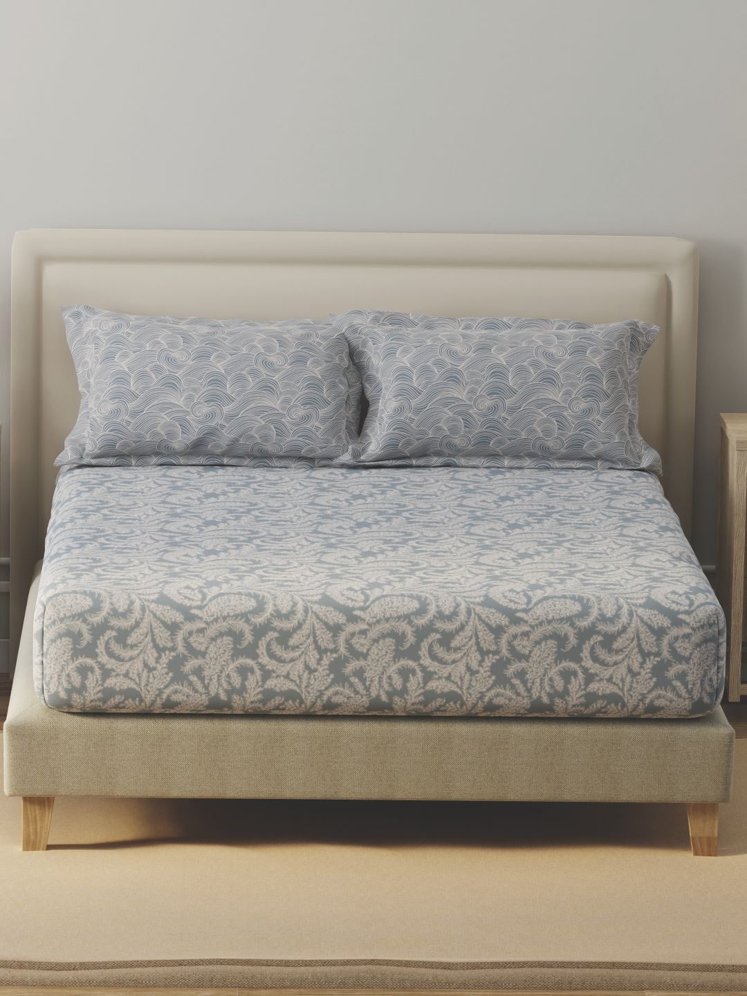 Layers BasicX Grey Printed Pure Cotton 120TC Queen Bedsheet & Pillow Covers-100" x 88"-picture-19