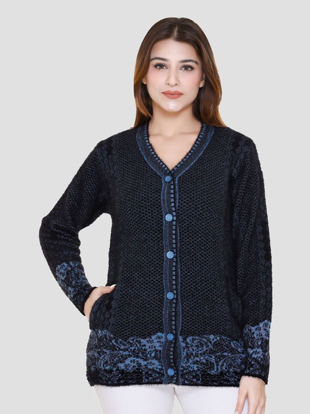 aarbee Women Self Design Full Sleeve V Neck Woollen Cardigan-picture-31