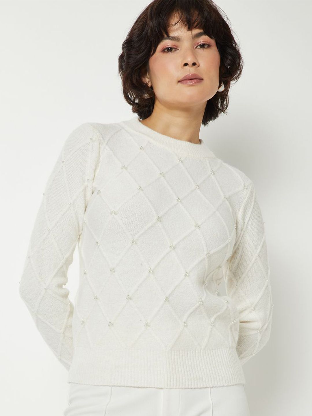 max Women Argyle Self Design Rounds Neck Full Sleeves Pullover with Embellished Detail-picture-36