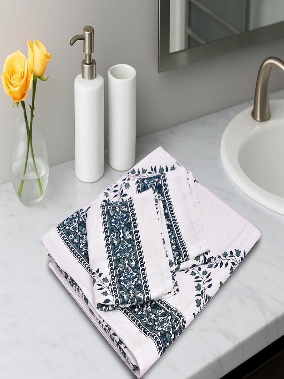 Aura White And Green 3 Pieces Printed 250 GSM Cotton Towel Set-image-8