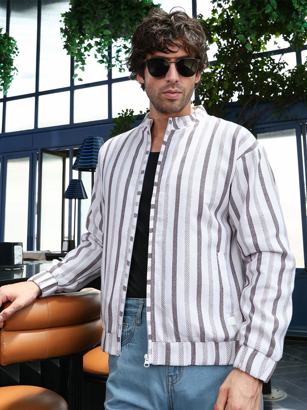 Campus Sutra Striped Lightweight Cotton Bomber Jacket-image-29