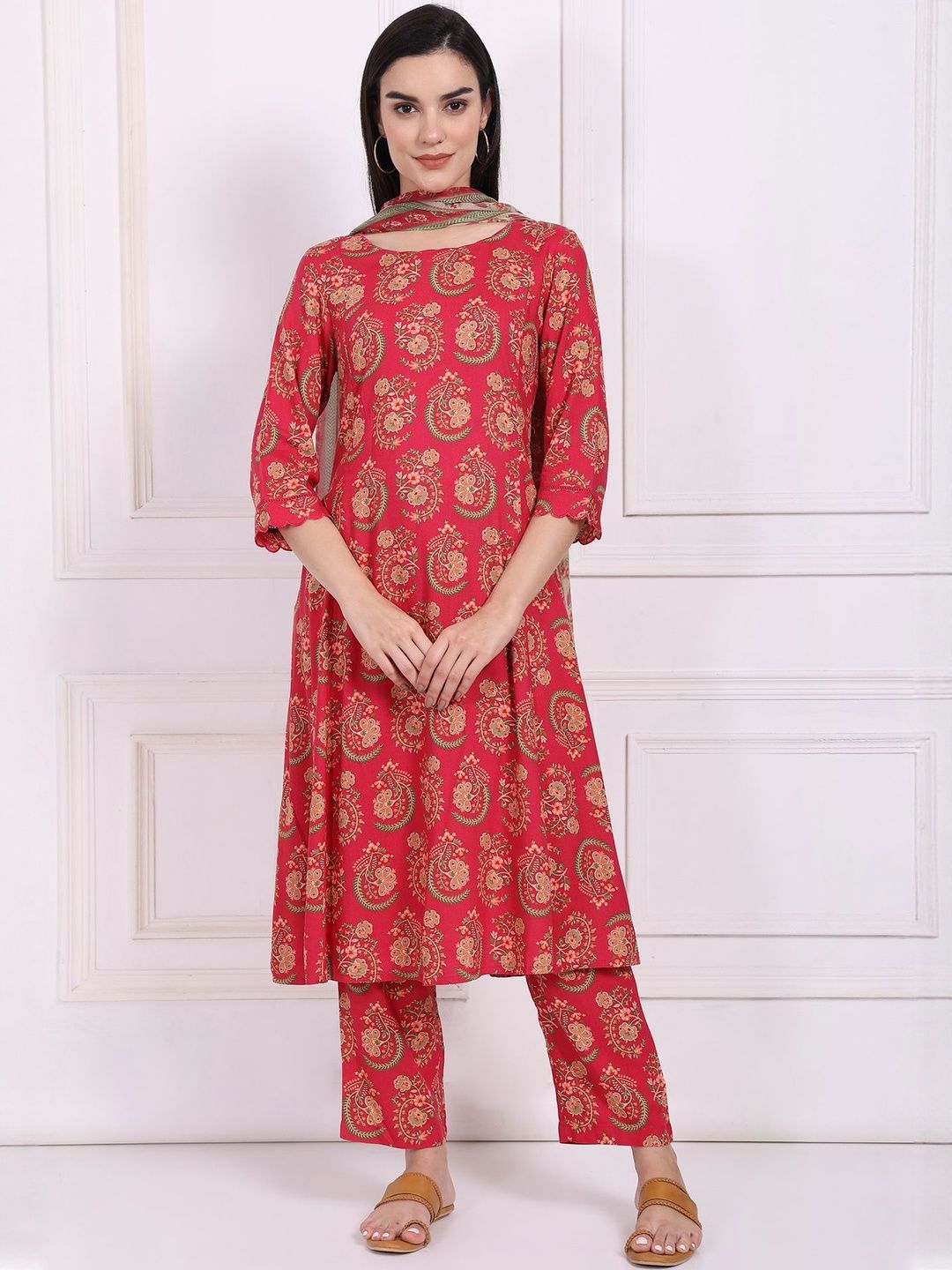 W Floral Printed Boat Neck A-Line Kurta With Trousers And Dupatta-picture-48
