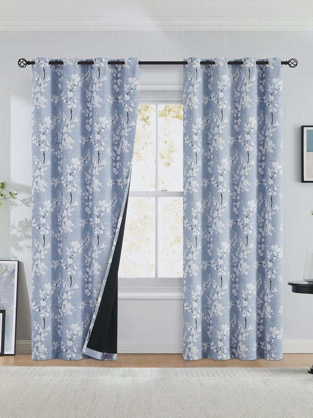 BFAM Blue Printed Thermal Insulated 2 Pieces Door Black Out Eyelet Curtains-image-29