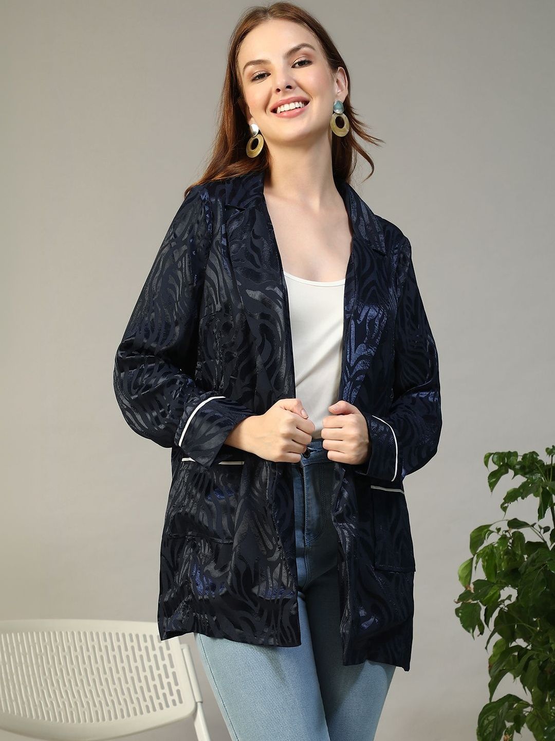 Oxolloxo Printed Shawl Collar Open Front Blazer-picture-25