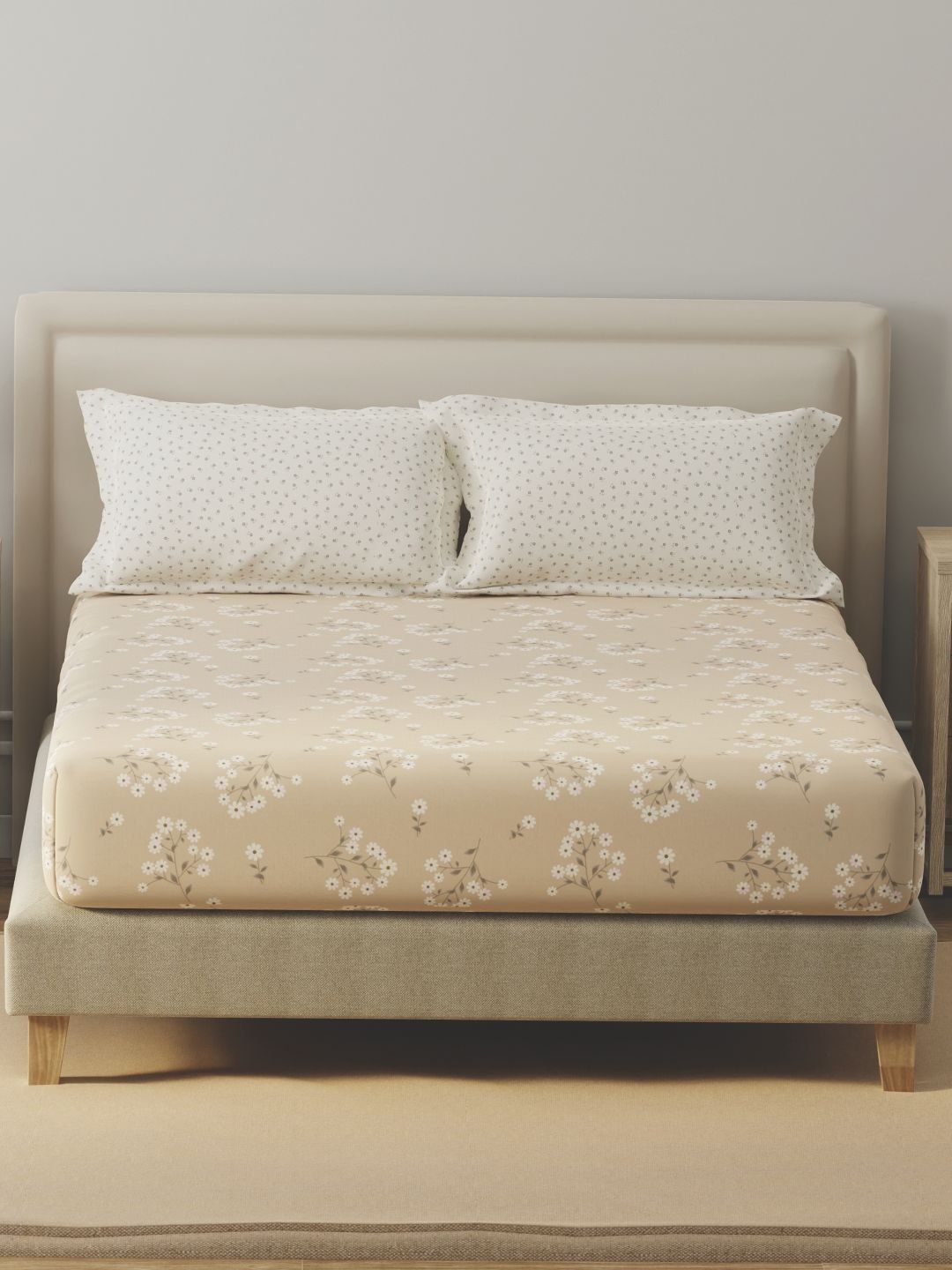 Layers BasicX Cream-Coloured Floral Pure Cotton 120 TC Queen Bedsheet Set-100" x 88"-picture-28