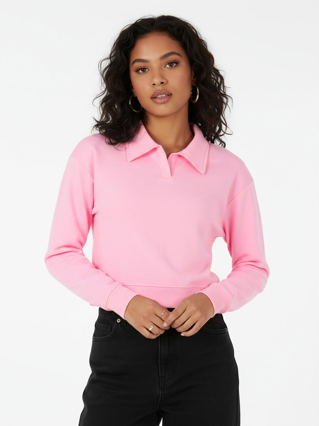 glitchez Shirt Collar Drop-Shoulder Sleeves Terry Boxy Crop Sweatshirt-picture-52