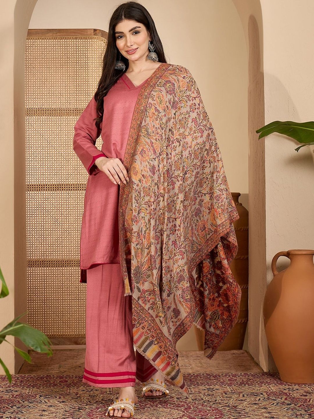 Sangria Ethnic Motifs Winter Pashmina Woven Design Shawl With Fringed Border-picture-55