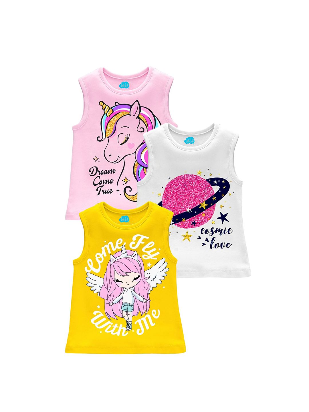 LITTLE LUSH Girls Pack Of 3 Typography Printed Round Neck Sleeveless Tshirts-picture-10