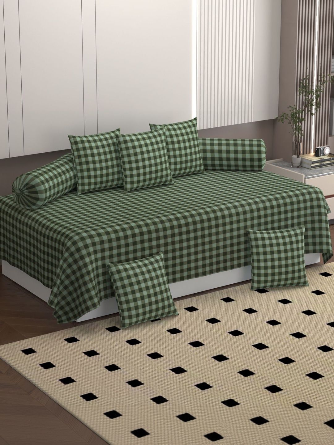BELVOSTUM 8-Pcs Green Checked 250TC Diwan Set-picture-31