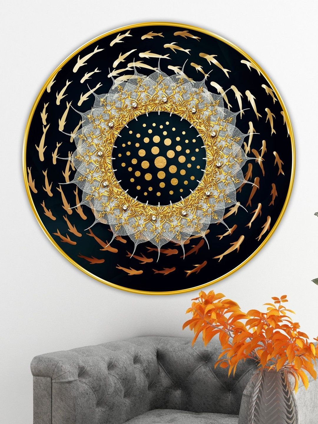 Livin'luxe Black & Gold-Toned Wall Hallway Round Portrait Painting Wall Art 23 " x 23 "-picture-20