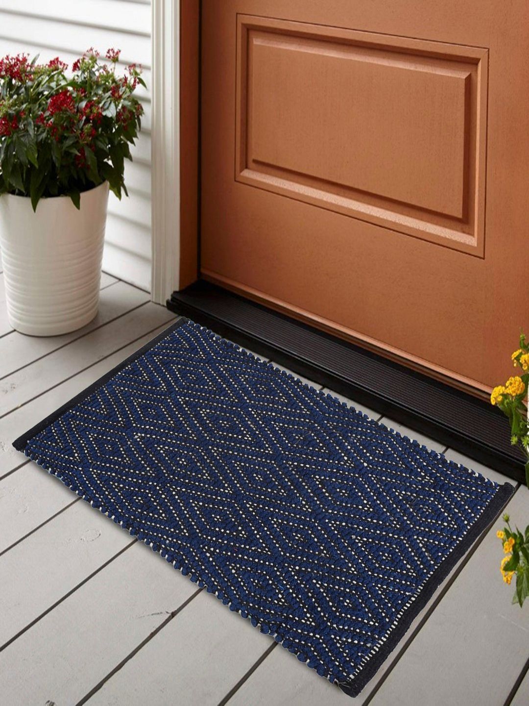Status Blue Woven Design Cotton Anti-Slip Doormats- 38 X 58 CM