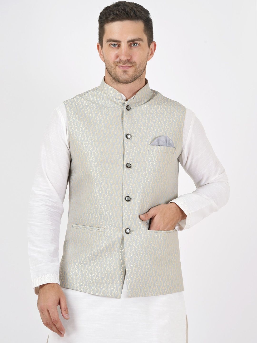 Badoliya & Sons Woven Design Mandarin Collar Nehru Jacket With Pocket Square-picture-15