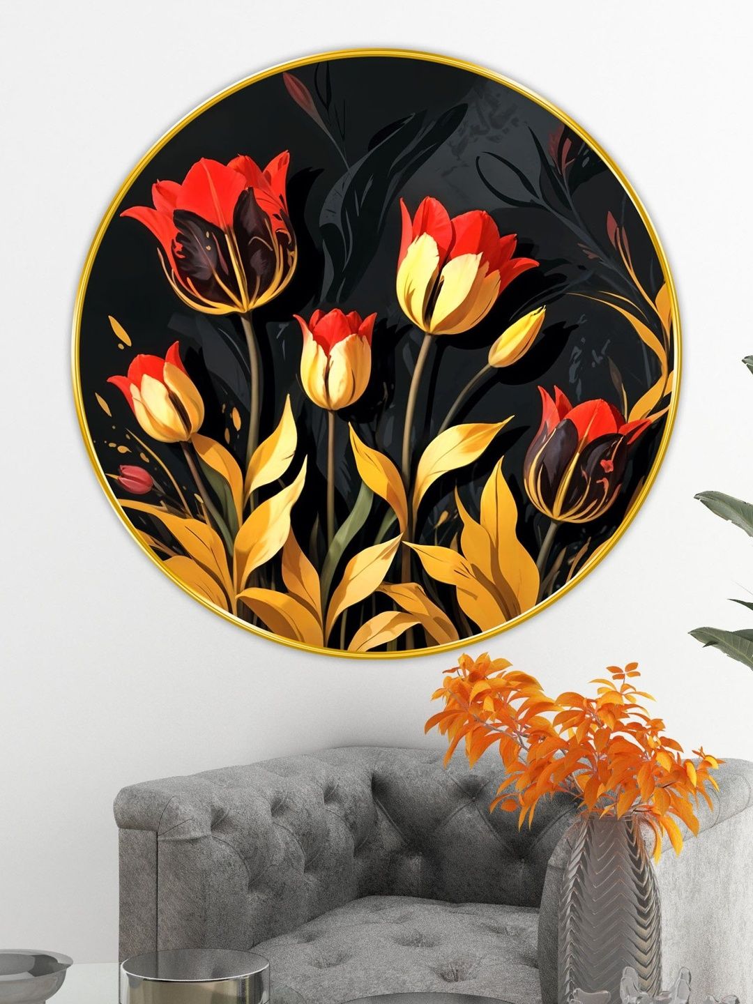 Livin'luxe Black & Gold-Toned MDF Flowers Living Room Large Round Wall Art 16" x 16"-picture-19