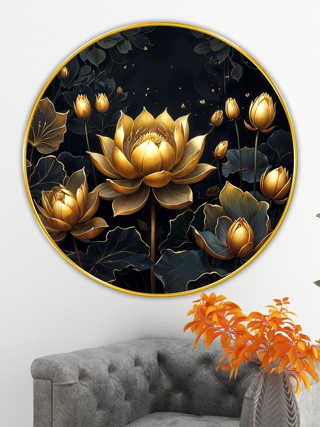 Livin'luxe Gold-Toned & Black Floral Wall Hallway Round Painting Wall Art 23" x 23"-picture-31