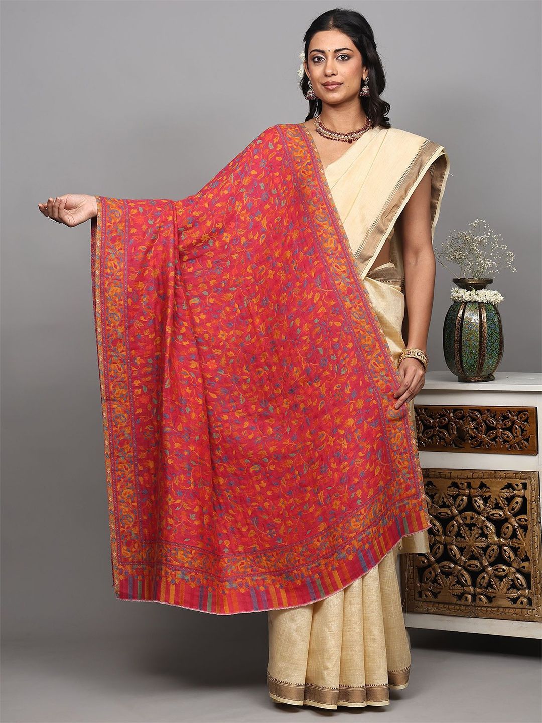 Exotic India Floral Woven Design Kani Jamawar Reversible Shawl-image-22
