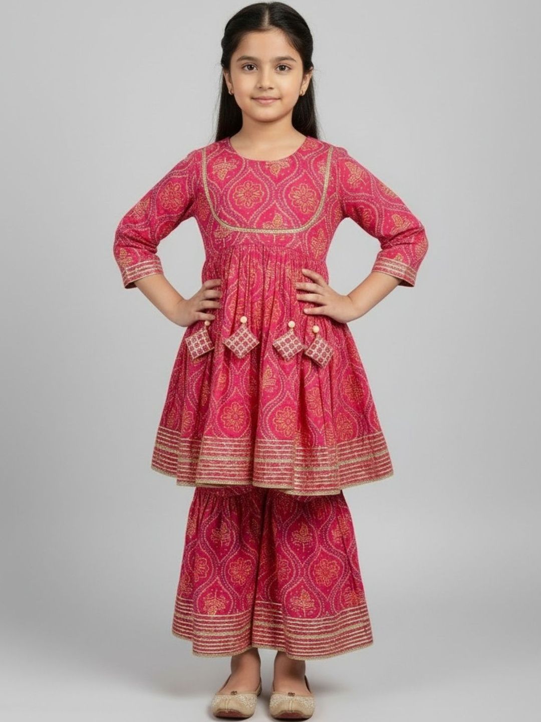 Sangria Girls Bandhani Printed Gotta Patti Pure Cotton Anarkali Kurta With Sharara-picture-16