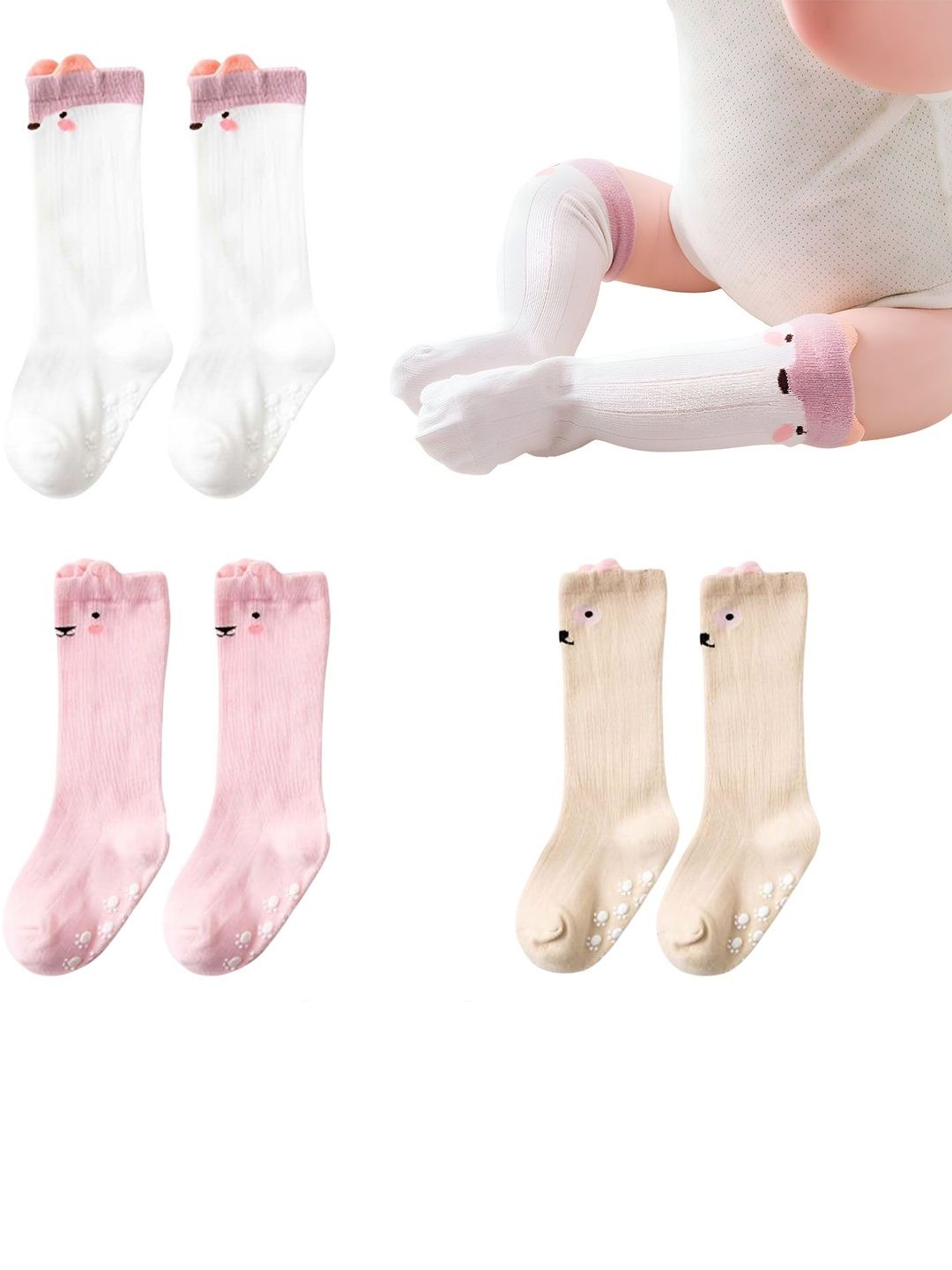 MOMISY Kids Pack Of 3 Patterned Combed Cotton Knee Length Socks-image-31