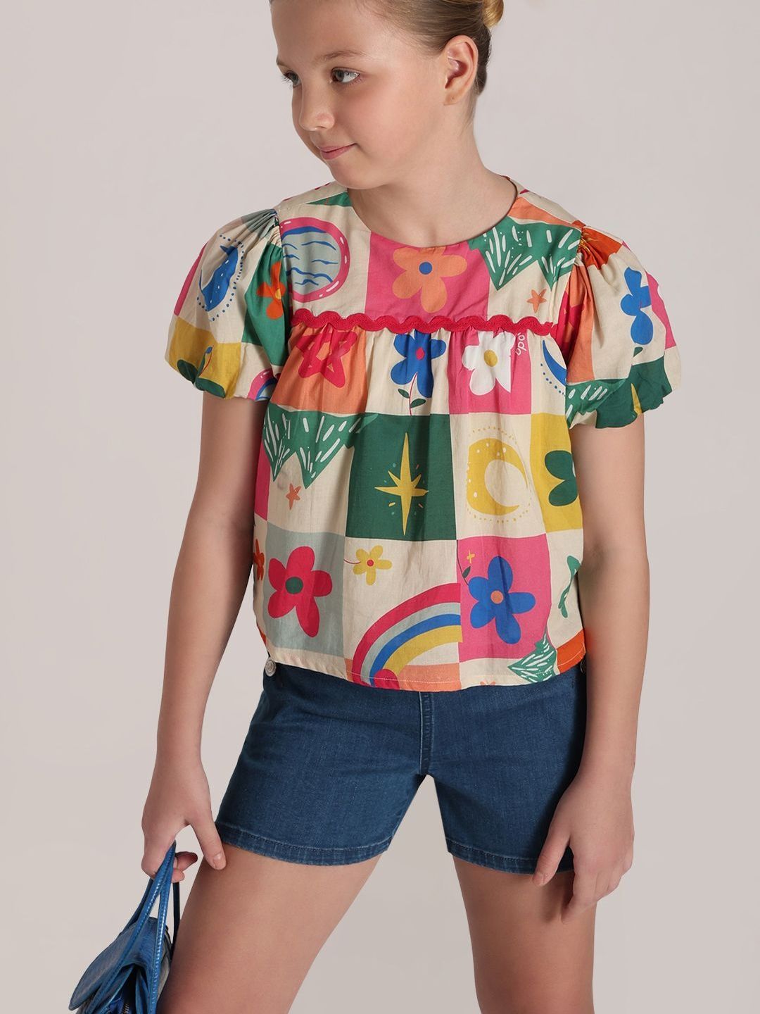 Vero Moda Girls Print Puff Sleeve Cotton Top