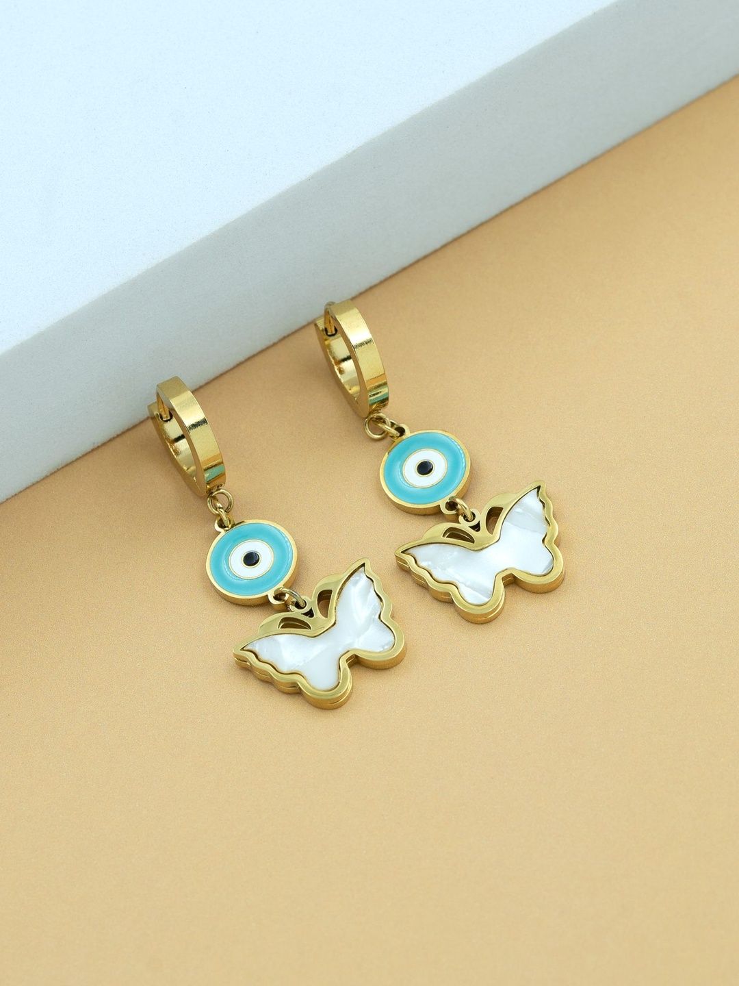 ARTKLIM Stainless Steel Gold Plated Enamelled Evil Eye Butterfly Shaped Drop Earrings-picture-5