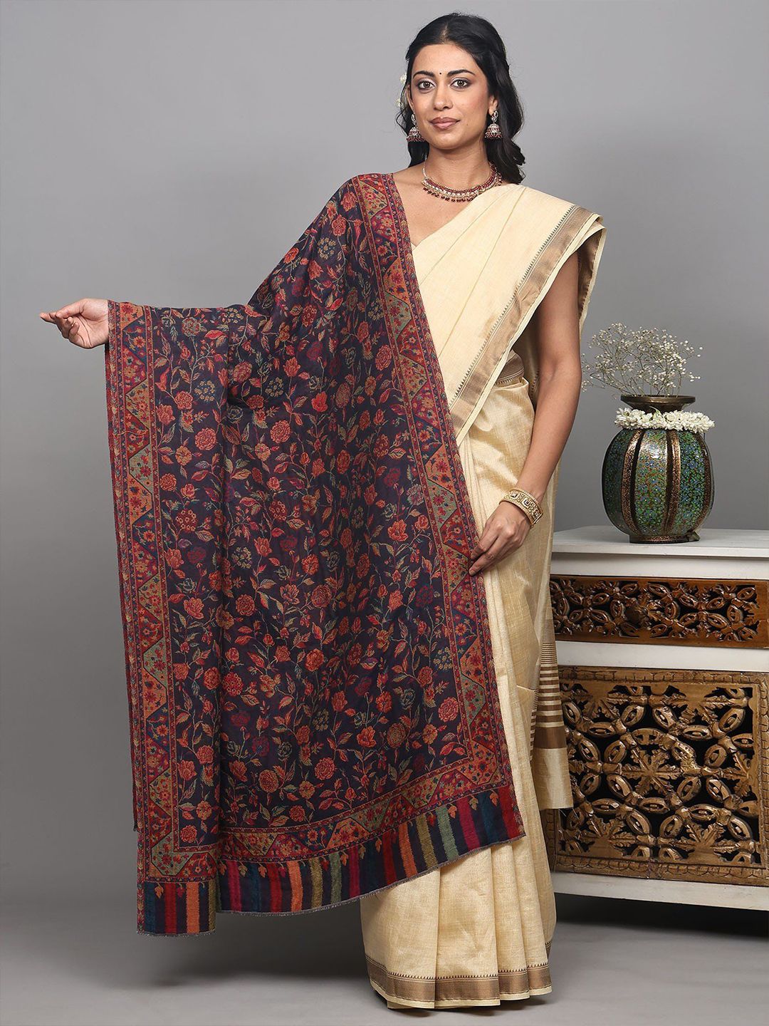 Exotic India Floral Woven Design Ocean-Cavern Reversible Shawl-image-1