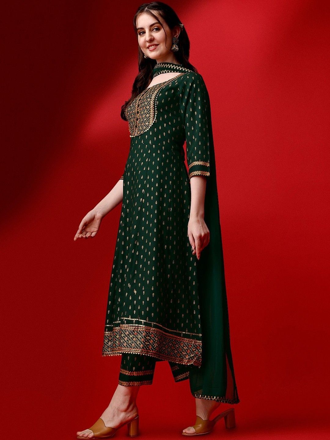 QUEENSFAB Ethnic Motifs Yoke Design Panelled Gotta Patti Kurta With Trousers & Dupatta-picture-40